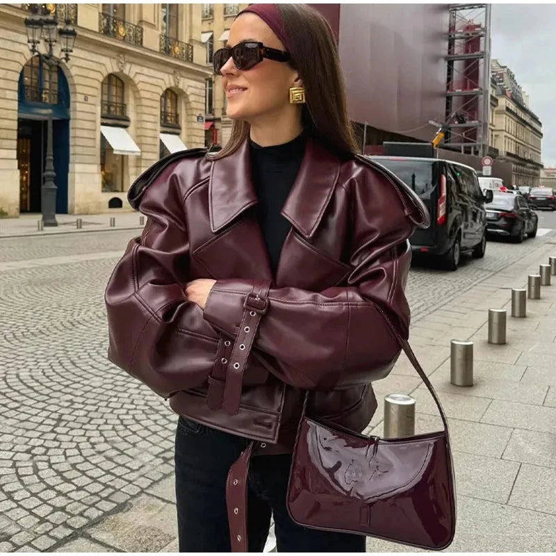 MUJER Faux Leather Bomber Jackets for Women Fashion Cropped Jacket Woman Streetwear Outerwears Long Sleeve Jacket Women Coats