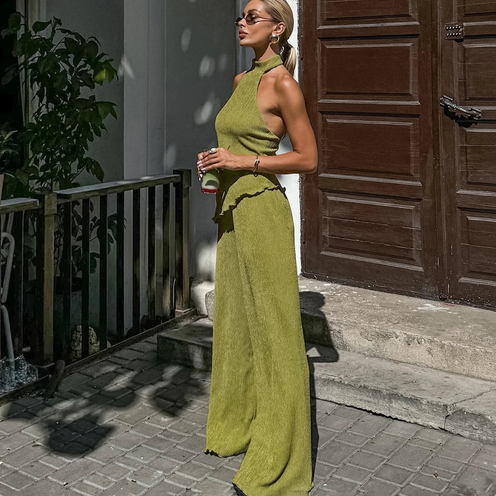 Tuularose Hanging Green Pants Set Sleeveless Backless Personality Temperament Commuter Two-piece Set Summer New Women Pants Set