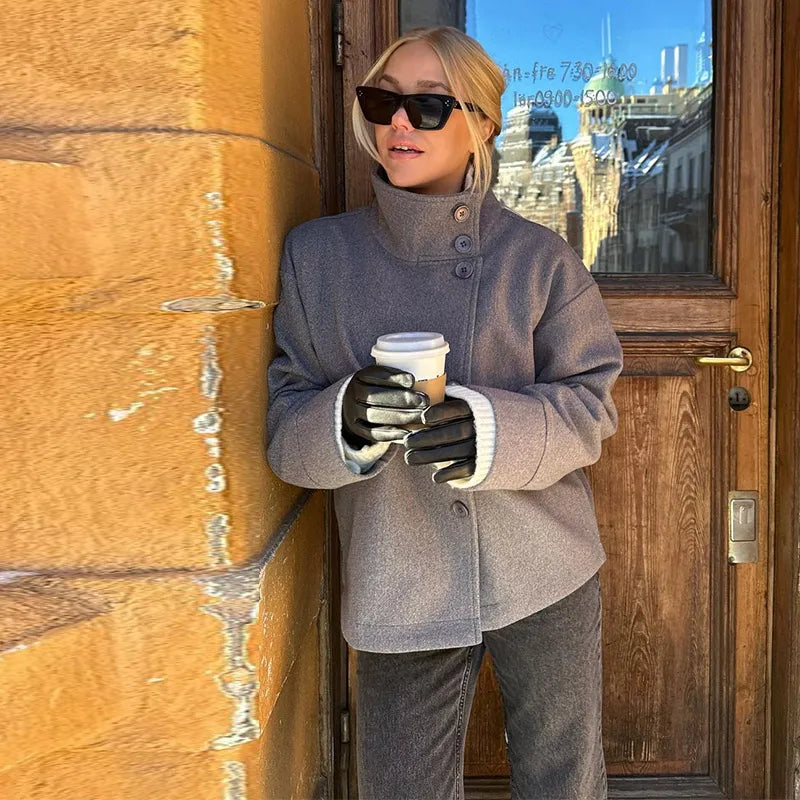 Solid Turtleneck Double-Breasted Pocket Coats Women Casual Loose Full Sleeve Female Jacket 2025 Autumn Office Lady Jackets