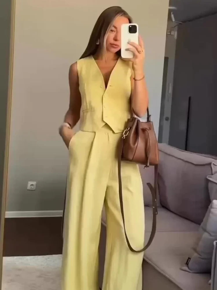 2025 Women's Cotton Linen Vest Pant Set Breathable Sleeveless Deep V Neck Suit Loose Fit Casual Outfit For Commuting Daily Wear