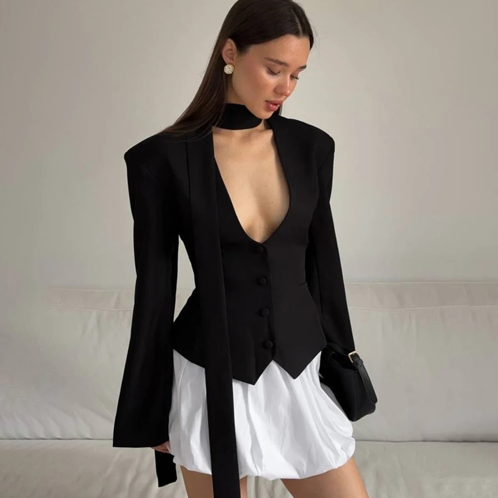 Tuularose Single Breasted Coat Women's V Neck Scarf With Long Sleeve Waist-Cinching Blazer Jacket Lady Casual Slim Commute Coat