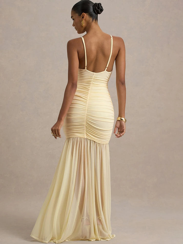 JULISSA MO Patchwork Sexy V-neck Ruched Women Maxi Dress Yellow Backless High Waist Dress Summer New Elegant Party Evening Dress