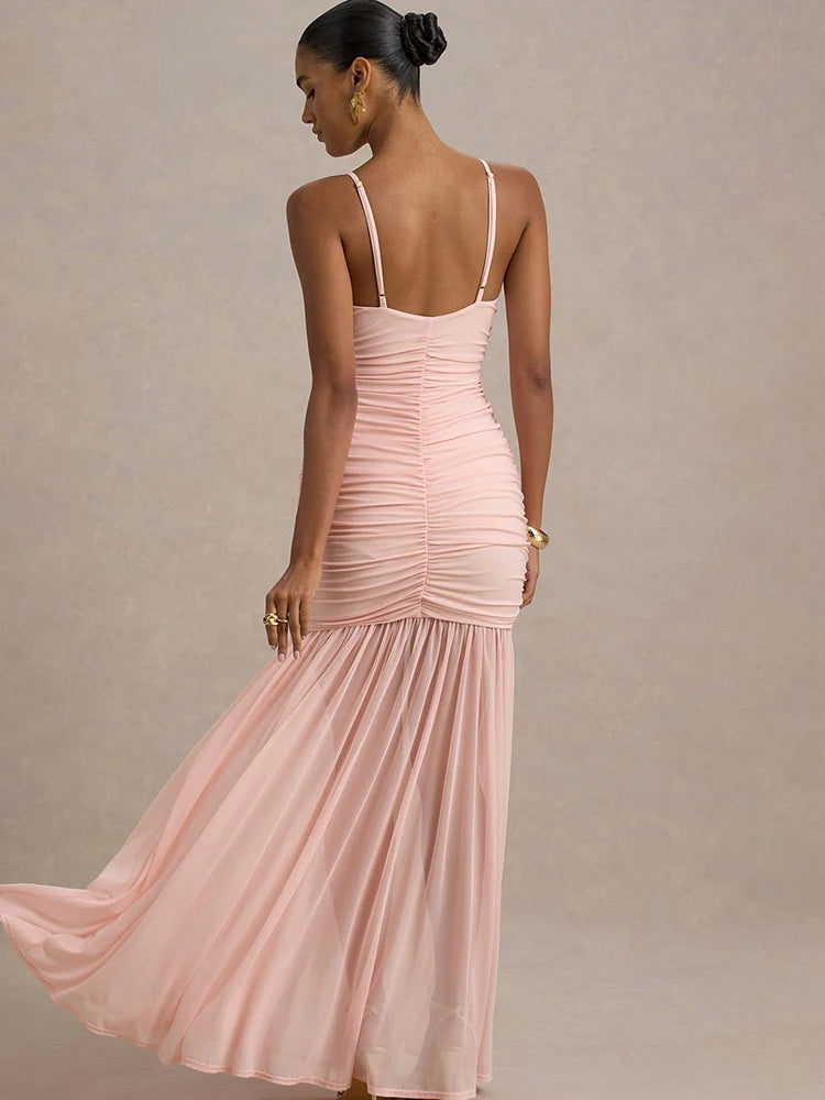 JULISSA MO Patchwork Sexy V-neck Ruched Women Maxi Dress Yellow Backless High Waist Dress Summer New Elegant Party Evening Dress