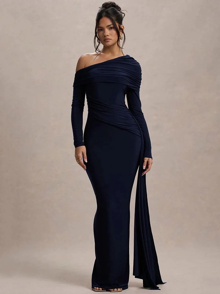 Mozision Skew Collar Long Sleeve Sexy Maxi Dress For Women Gown Fashion Backless Draped Ruched Bodycon Club Long Dress Elegant
