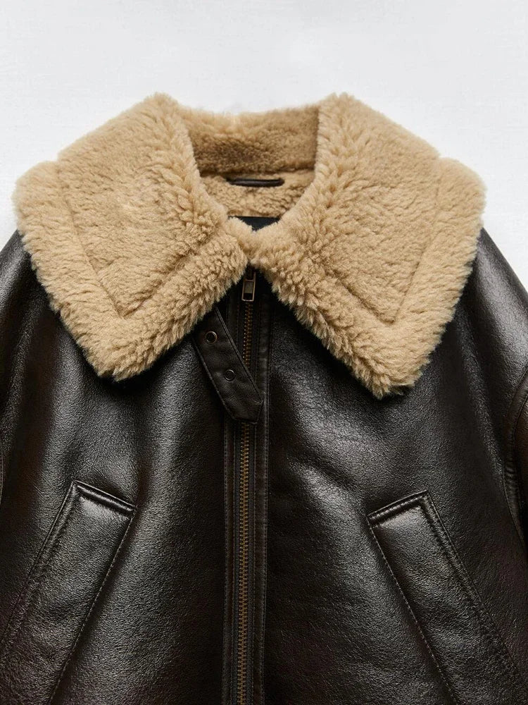 New Women Thick Warm Faux Leather Fur Jacket Autumn Winter Female Streetwear Moto Biker Zipper Coat Vintage Outwear 2025