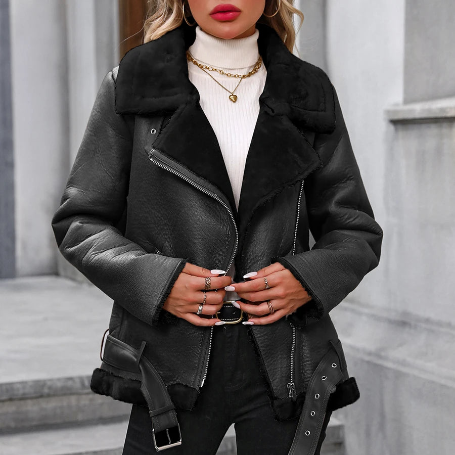 Fitaylor Winter Women Faux Fur Leather Jacket Casual Lady Thick Warm Leather Coat High Street Motorcycle Outwear