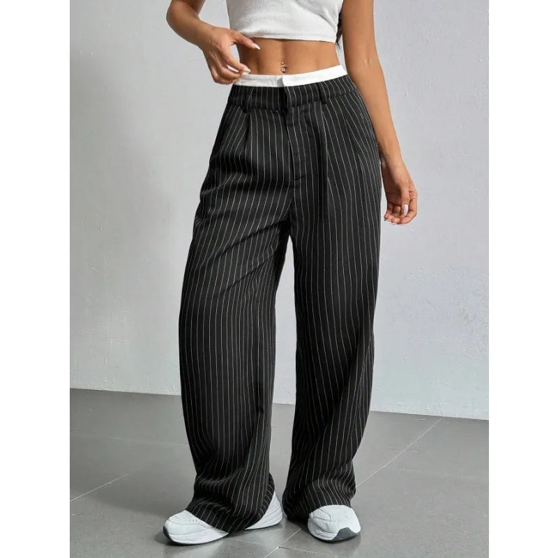 Women High Waist Striped Printed Suit Pants Office Lady Casual Loose Straight Trousers Spring Summer Female Chic Wide Leg Pants