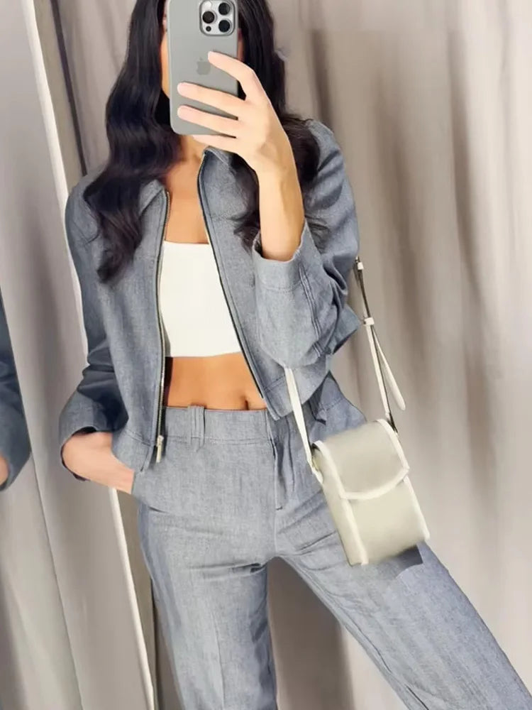 HH Autumn Women Chic Zipper Lapel Long Sleeves Short Jacket+High Waist Side Pocket Casual Loose Solid Trousers 2-Piece Set
