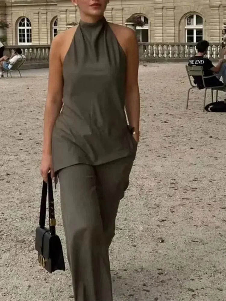 HH Women Vintage Solid Pant Sets Sexy Backless Halter Camis Top Asymmetric Tank Top + Drawstring Trousers Fashion Streetwear