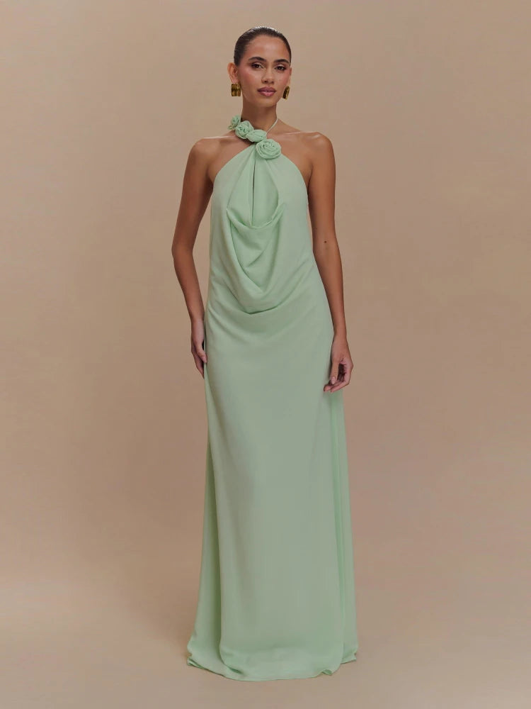 Sexy Halter Neck Flower Patchwork Long Dress Summer Women Sleeveless Backless Lace-up Slim Dresses Club Party Evening Gowns