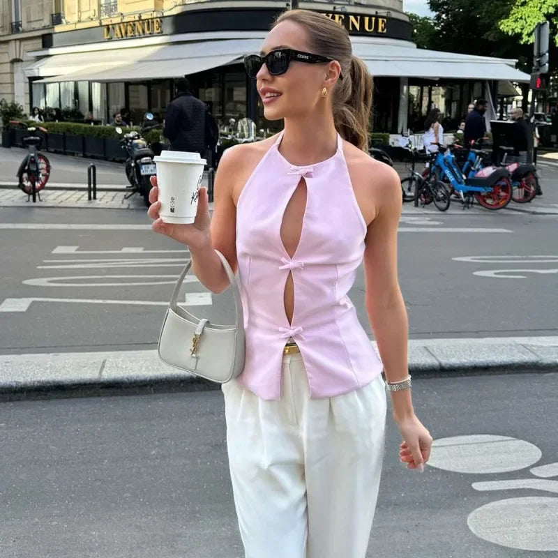 Tuularose Bow Backless Vest Women Summer Sleeveless Halter Hollow Top Elegant Slim Skirt New Y2k Female Tanks  Short Top Office
