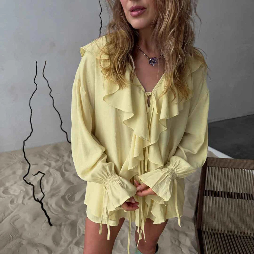 Tuularose New Casual Shorts Two-piece Set Women's Ruffled Loose Tie Top Simple Shorts Set Office Lady Summer Female Shorts Set