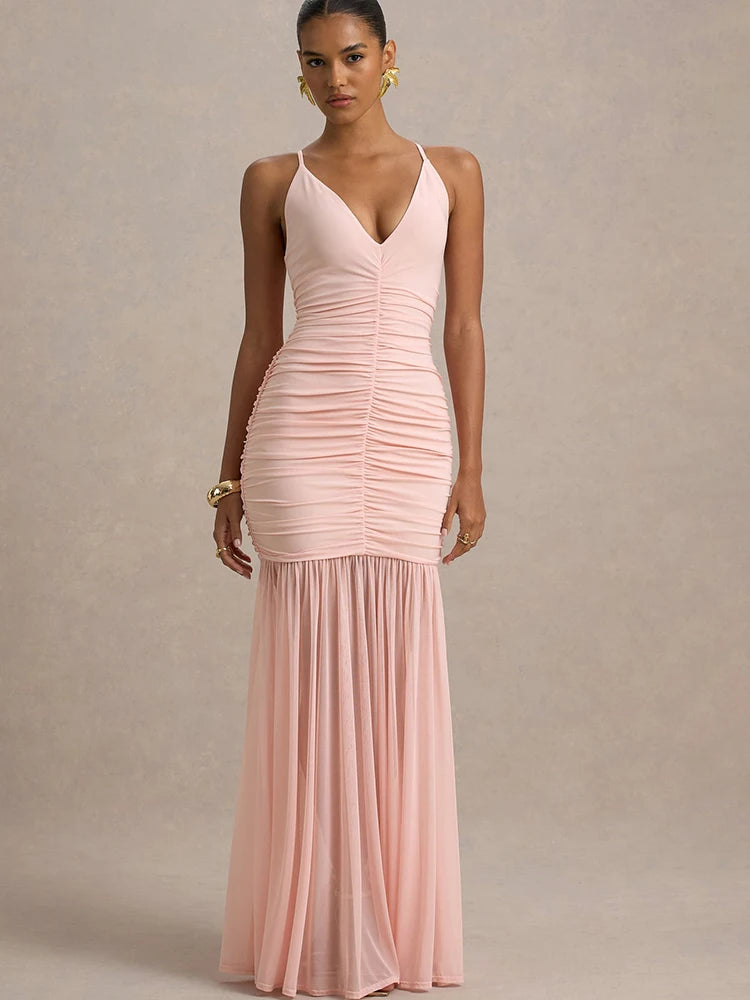 JULISSA MO Patchwork Sexy V-neck Ruched Women Maxi Dress Yellow Backless High Waist Dress Summer New Elegant Party Evening Dress