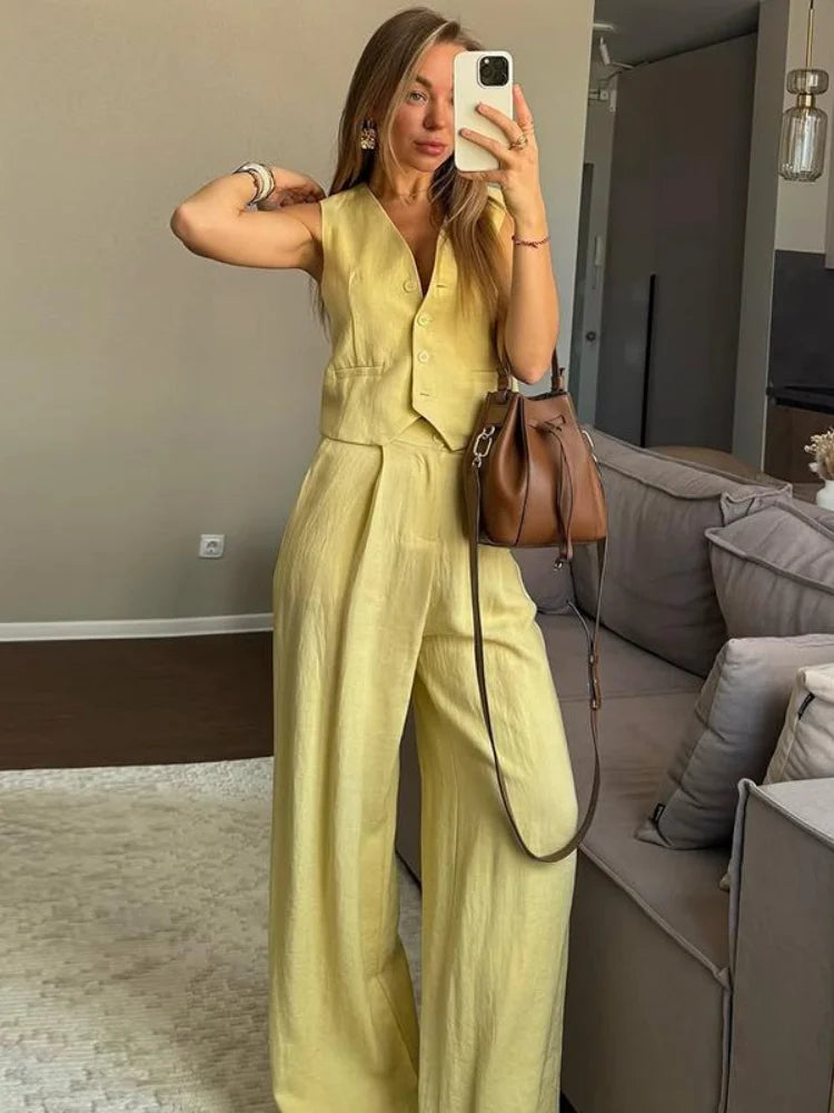 2025 Women's Cotton Linen Vest Pant Set Breathable Sleeveless Deep V Neck Suit Loose Fit Casual Outfit For Commuting Daily Wear