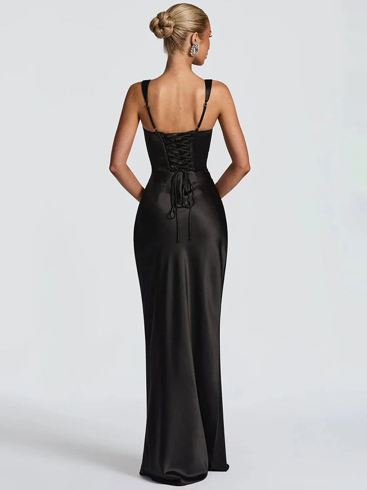 Mozision Satin Backless Sexy Maxi Dress Women Elegant Halter Off-shoulder Sleeveless Lace-up Bodycon Club Party Long Dresses