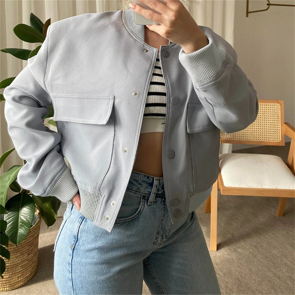 Fashion Single Breasted Jacket For Women 2025 Autumn Spring Long Sleeve Pocket Coat Lady Vintage Loose Streetwear Chic Casual
