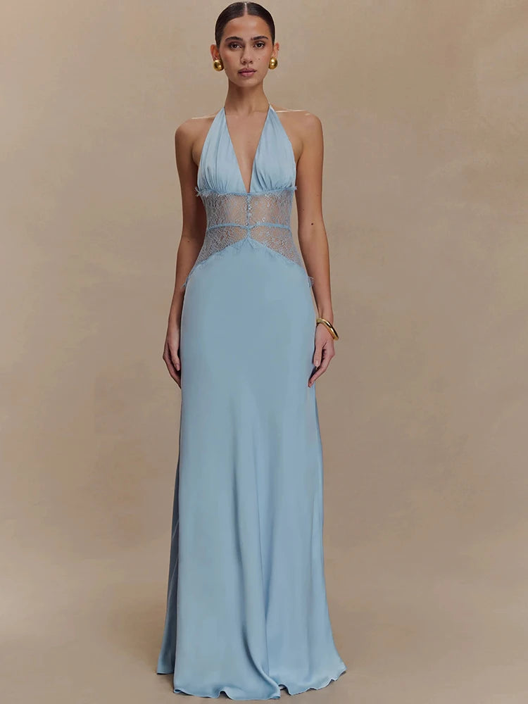 JULISSA MO Patchwork Sexy Deep V-neck Lace Halter Women Maxi Dress White Backless Evening Dress Summer Slim Elegant Party Dress