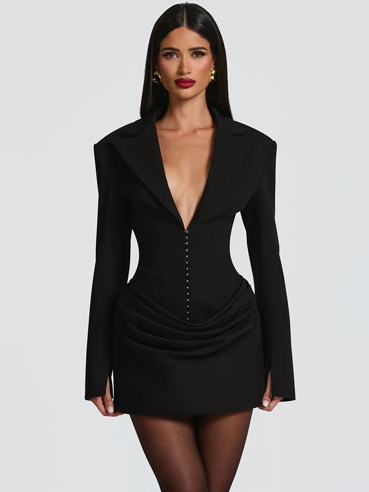 Mozision Long Sleeve Deep V Neck Ruched Sexy Mini Dress Women Autumn Winter Fashion High Waist Club Party Blazer Dresses Female