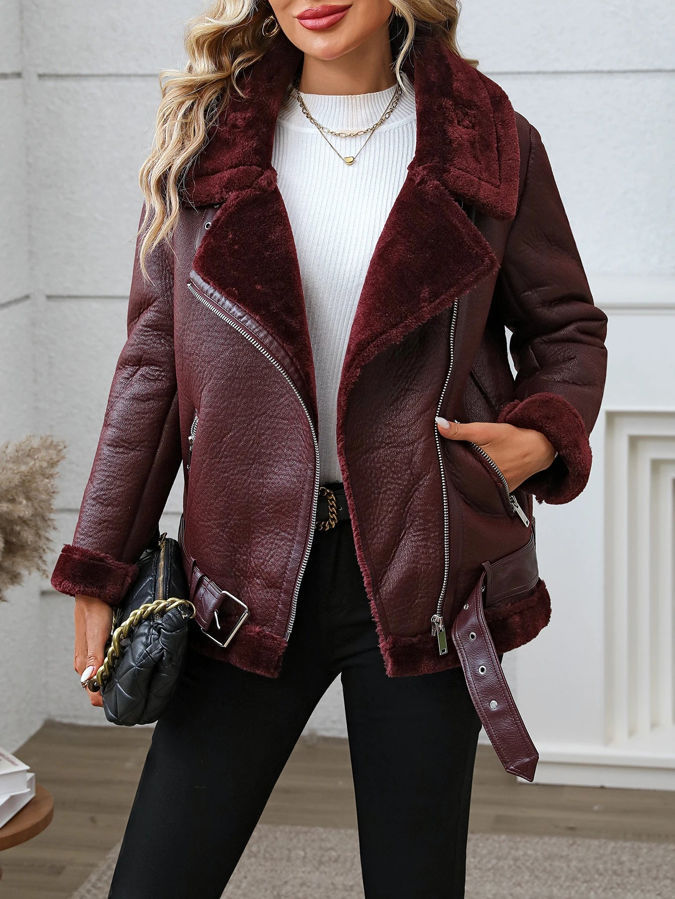 Fitaylor Winter Women Faux Fur Leather Jacket Casual Lady Thick Warm Leather Coat High Street Motorcycle Outwear