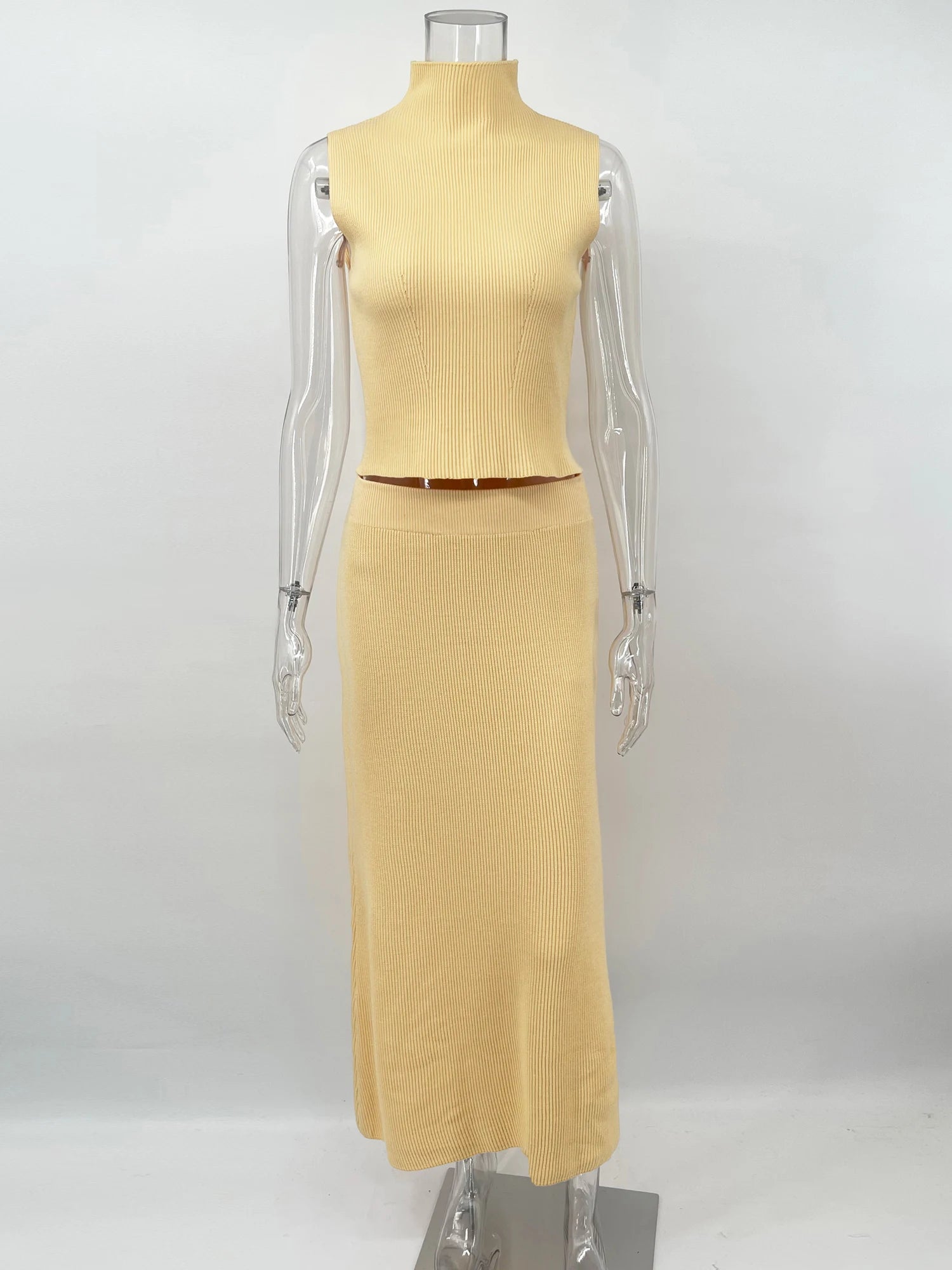 Tuularose Elegant Long Skirt Two-piece Set Women's Sleeveless Knitted Turtleneck Vest Slim Skirt Set 2025 New Fashion Skirt Set
